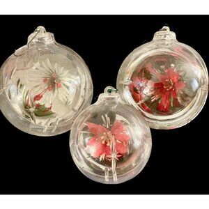 Vintage Jewel Brite Diorama Ornaments Set Of Three Poinsettia Design